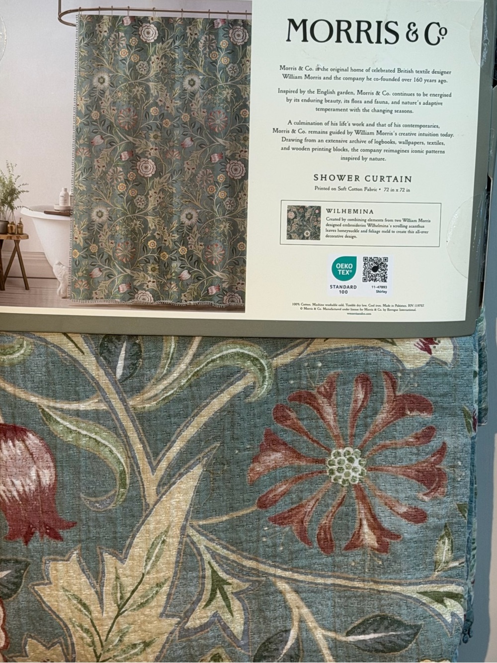Morris & Co. NWT Beautiful Wilhelmina Floral Shower Curtain Teal & Red 72” x 72” - Picture 7 of 7